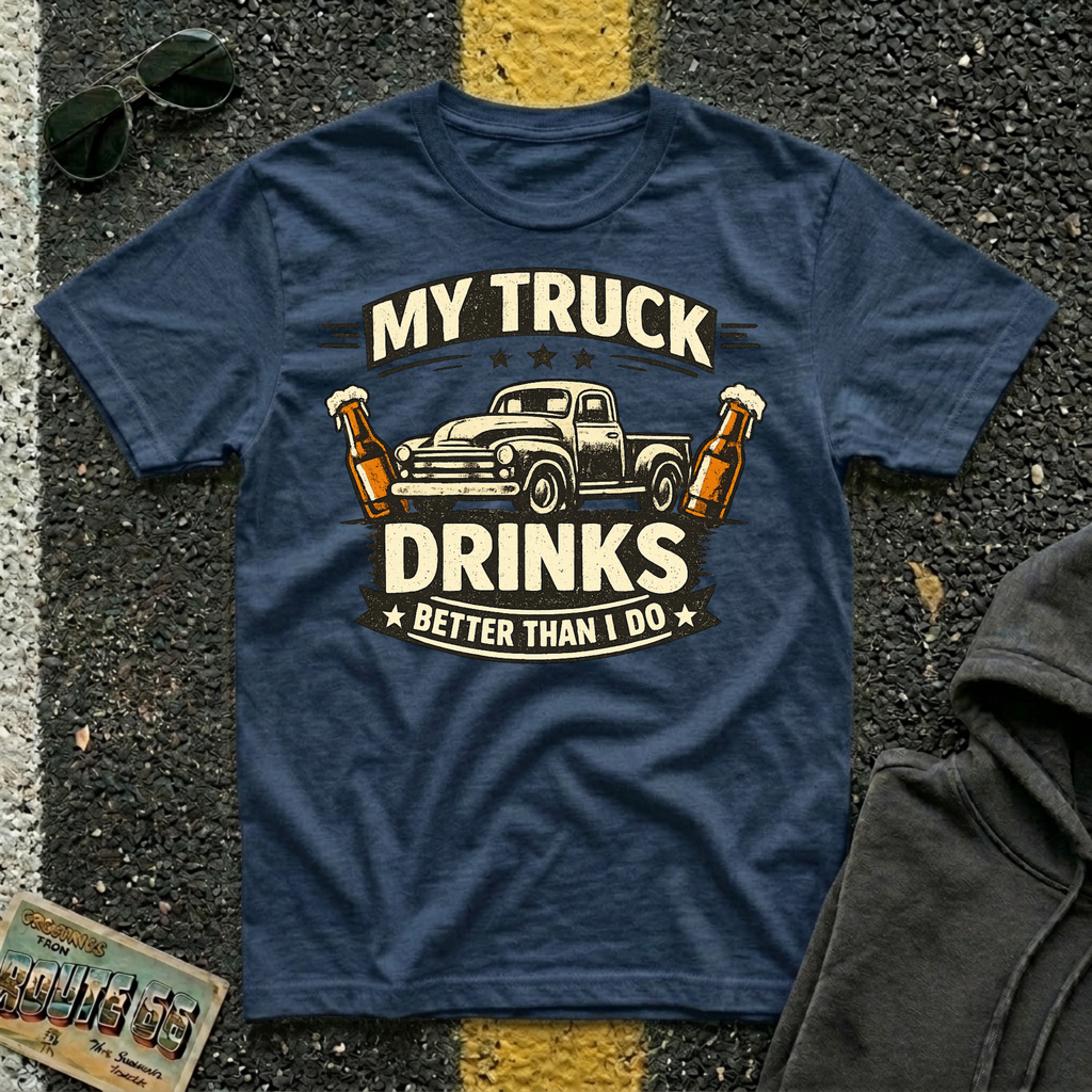 My Truck Drinks Better Than I Do T-shirt by The Riverstone Life on a navy Gildan Softstyle 64000 featuring a vintage pickup truck and humorous fuel themed design.