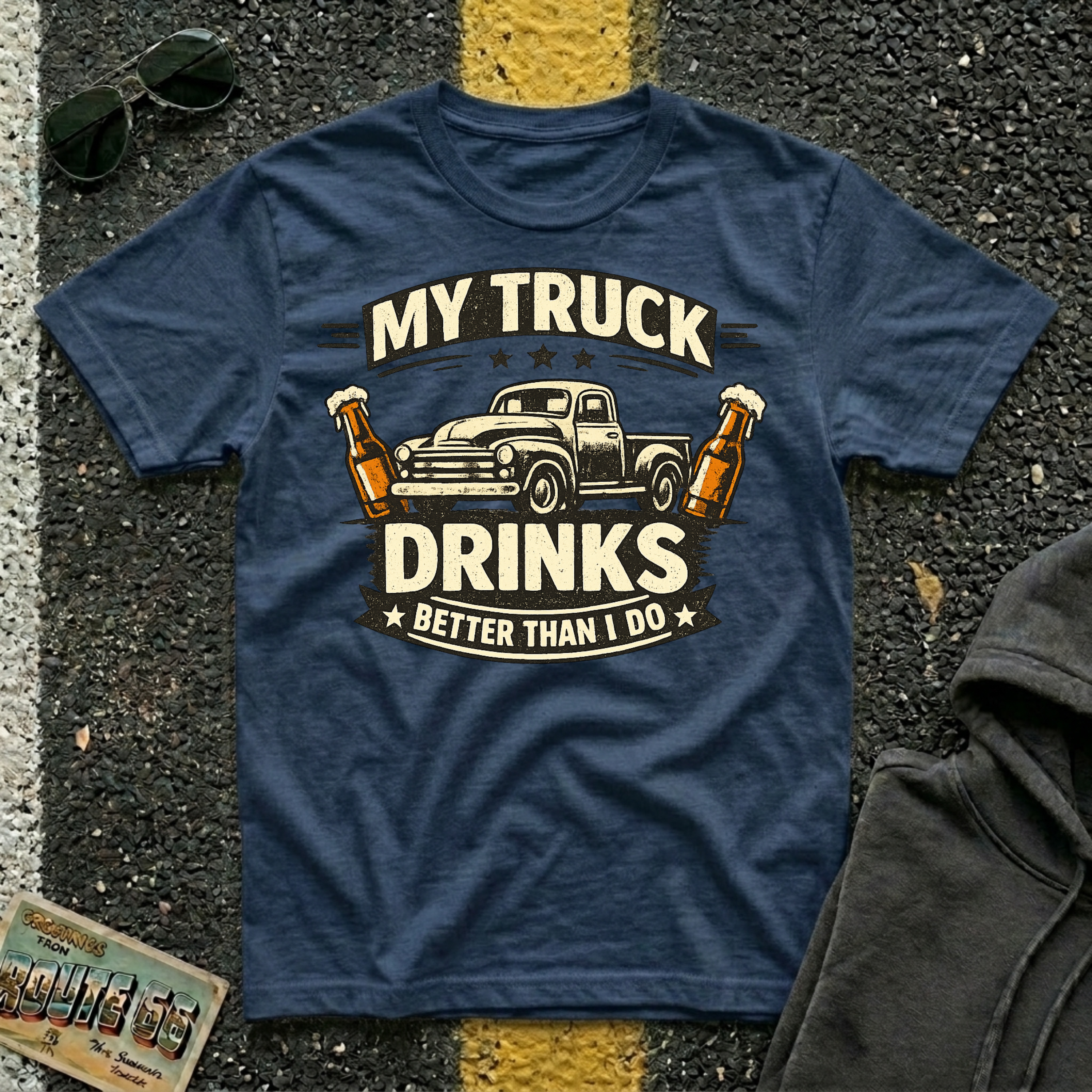 My Truck Drinks Better Than I Do T-shirt by The Riverstone Life on a navy Gildan Softstyle 64000 featuring a vintage pickup truck and humorous fuel themed design.