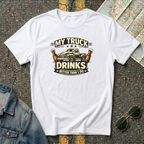 My Truck Drinks Better Than I Do T-shirt by The Riverstone Life on a white Gildan Softstyle 64000 featuring a vintage pickup truck and humorous fuel themed design.