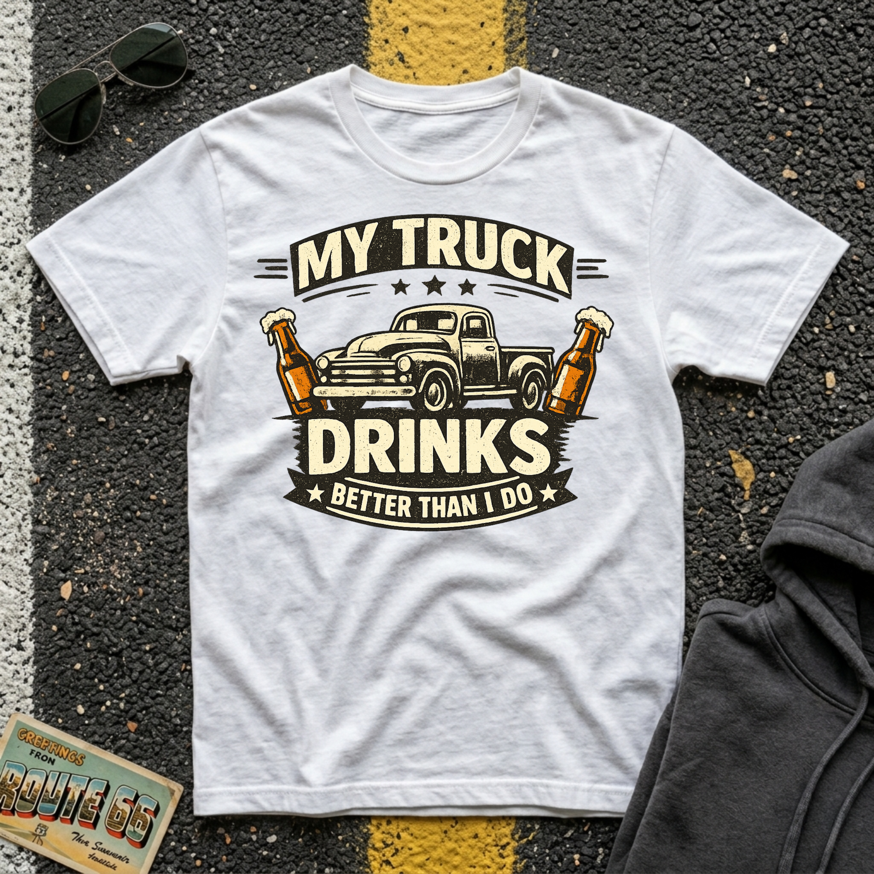 My Truck Drinks Better Than I Do T-shirt by The Riverstone Life on a white Gildan Softstyle 64000 featuring a vintage pickup truck and humorous fuel themed design.