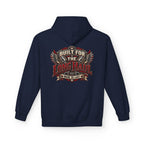 A navy blue pullover hoodie shown from the back, featuring a large graphic print with the text 'BUILT FOR THE LONG HAUL' and 'MADE TO LAST' in red, white, and metallic gray tones.