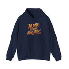 Navy hoodie 'Along for the Adventure' on a white background