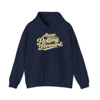 Navy hoodie 'Always Rolling Forward' on a white background