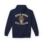 Navy hoodie with white text on the back  'Road Worn Still Rolling' on a white background