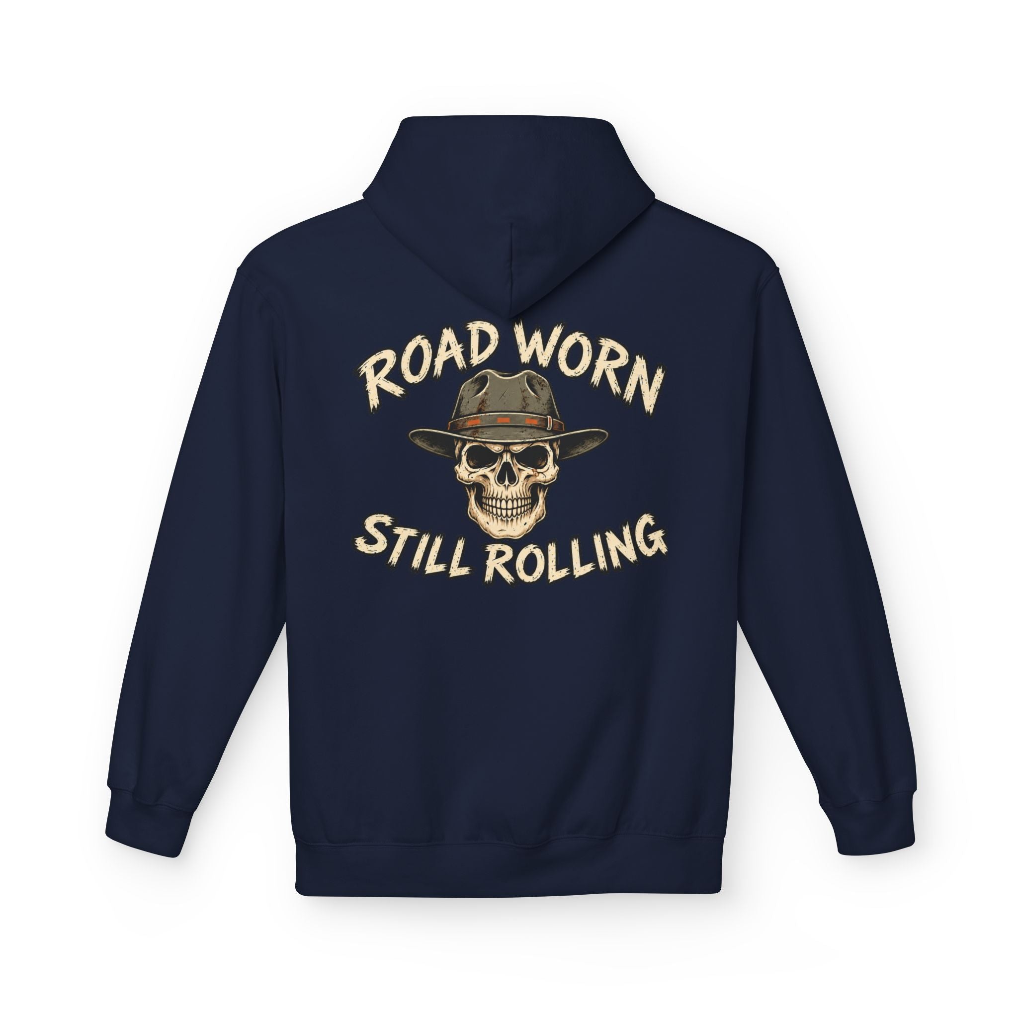 Navy hoodie with white text on the back  'Road Worn Still Rolling' on a white background