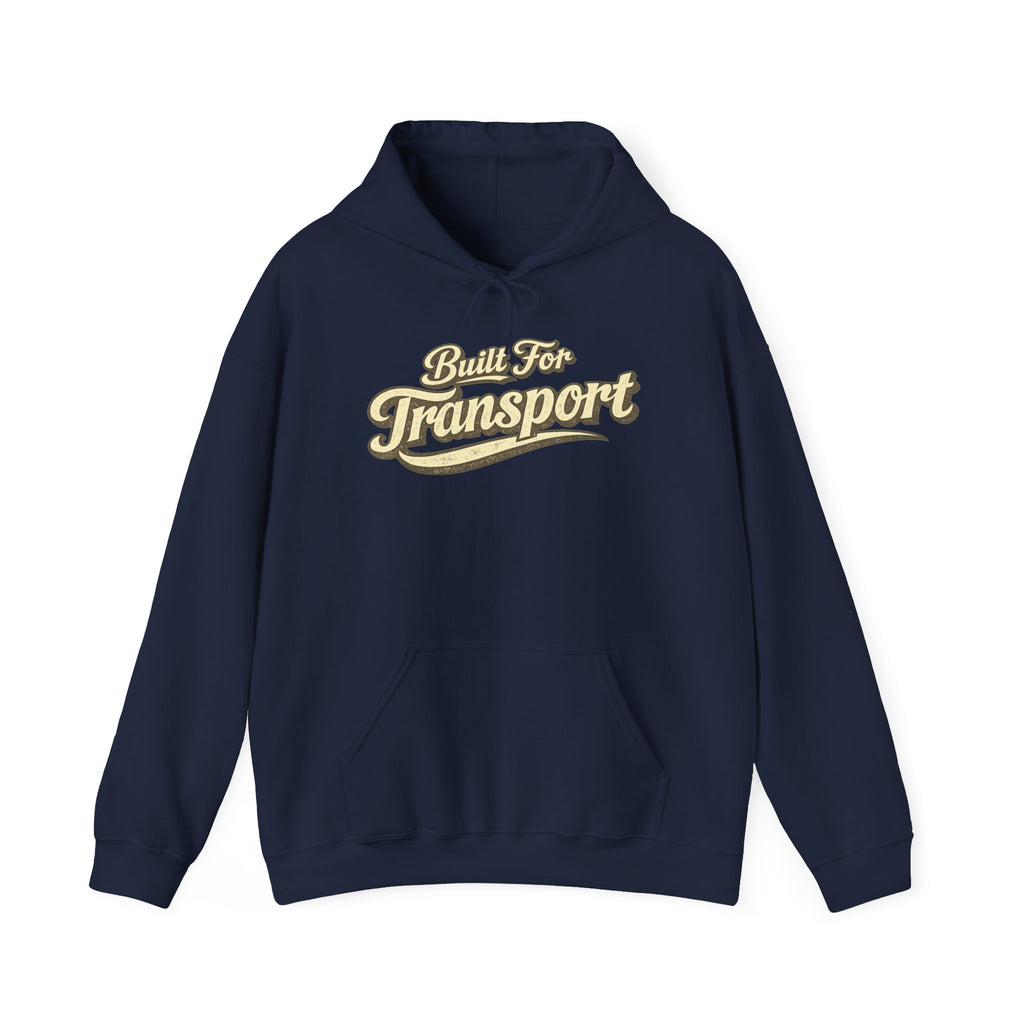 Navy hoodie with Built For Transport graphic on a white background