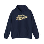 Navy hoodie with Built For Transport graphic on a white background