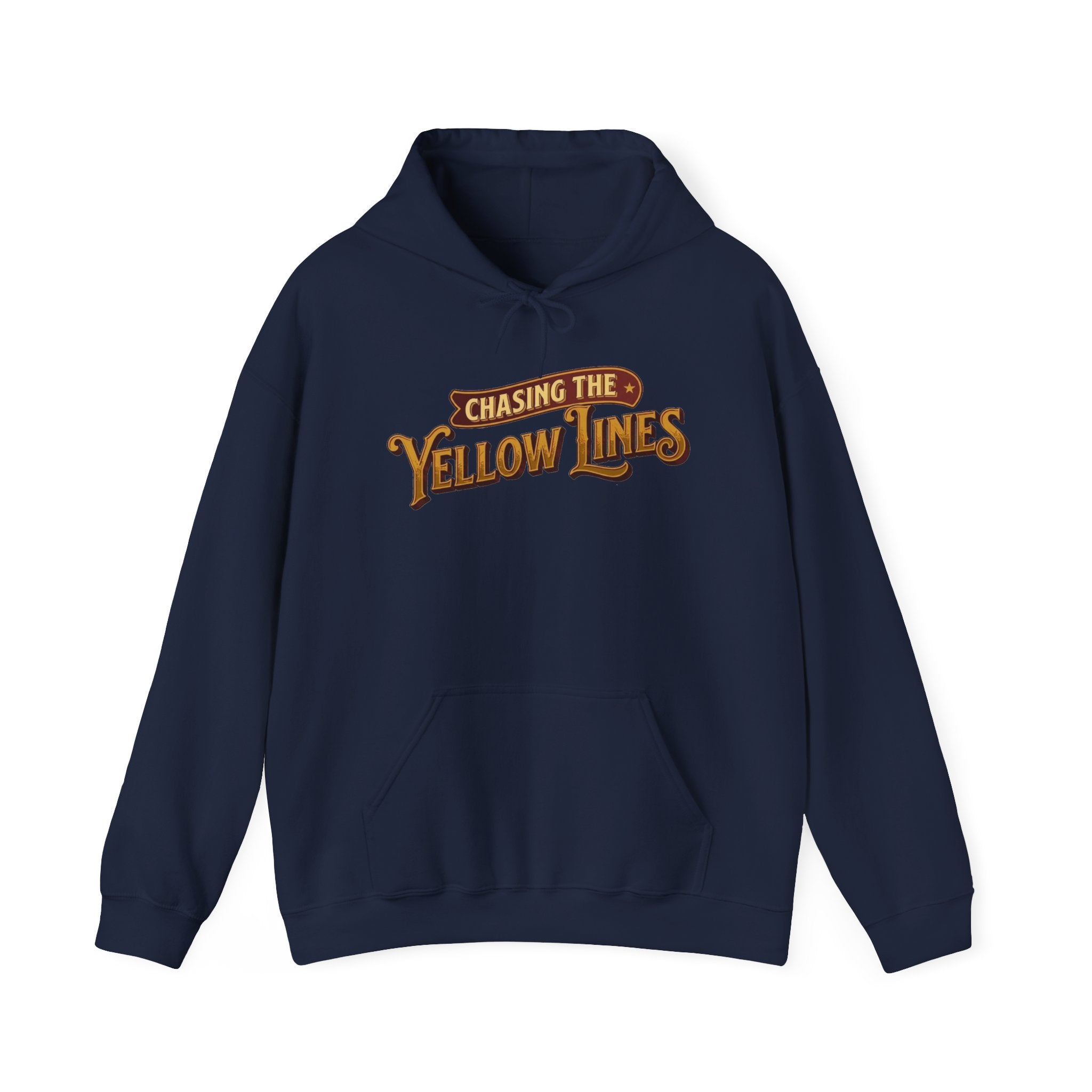 Navy hoodie 'Chasing the Yellow Lines' on a white background