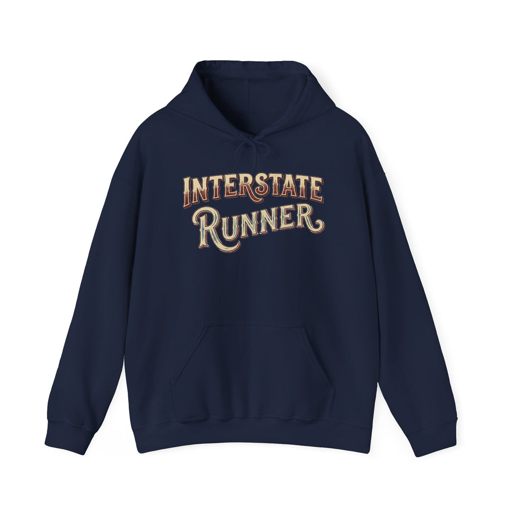 Navy hoodie 'Interstate Runner' on a white background