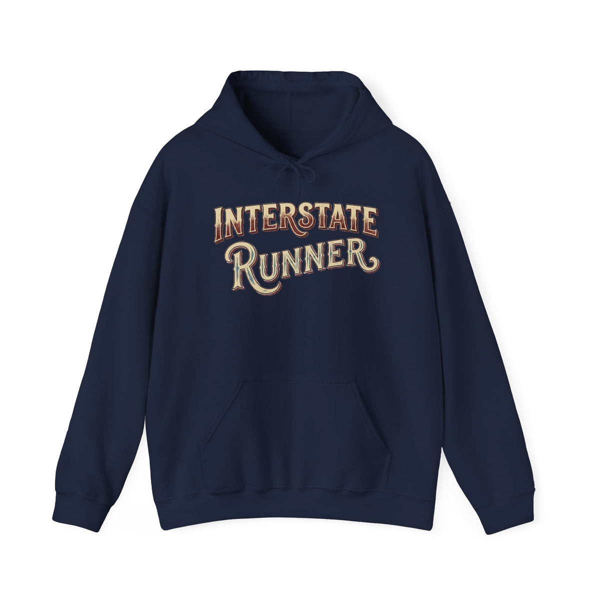 Navy hoodie 'Interstate Runner' on a white background