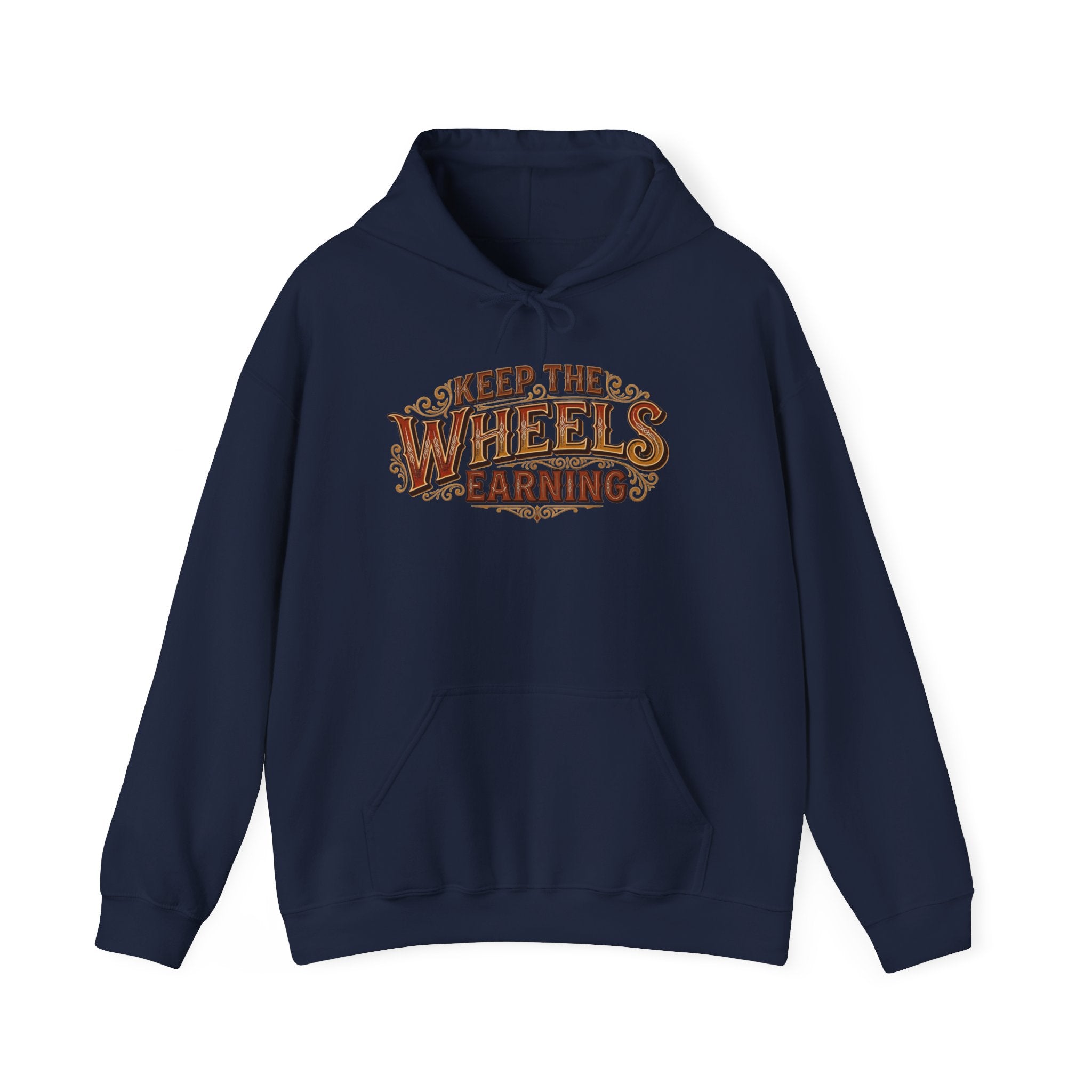 Navy hoodie 'Keep the Wheels Earning' vintage design on a white background