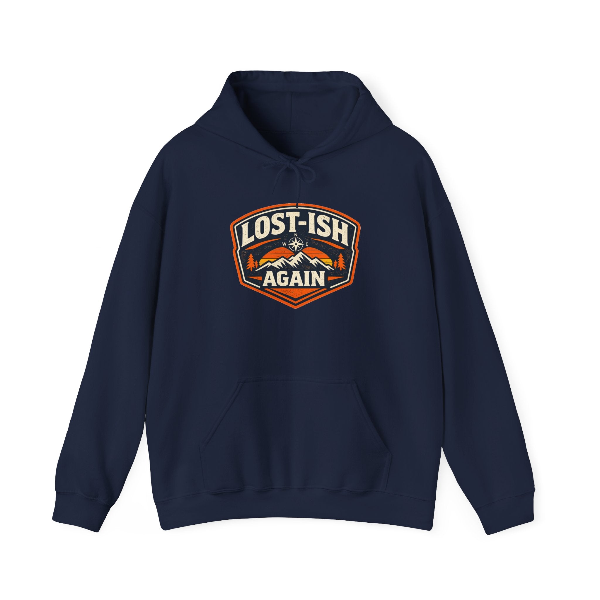 Navy hoodie with badge design 'Lost-ish Again' on a white background