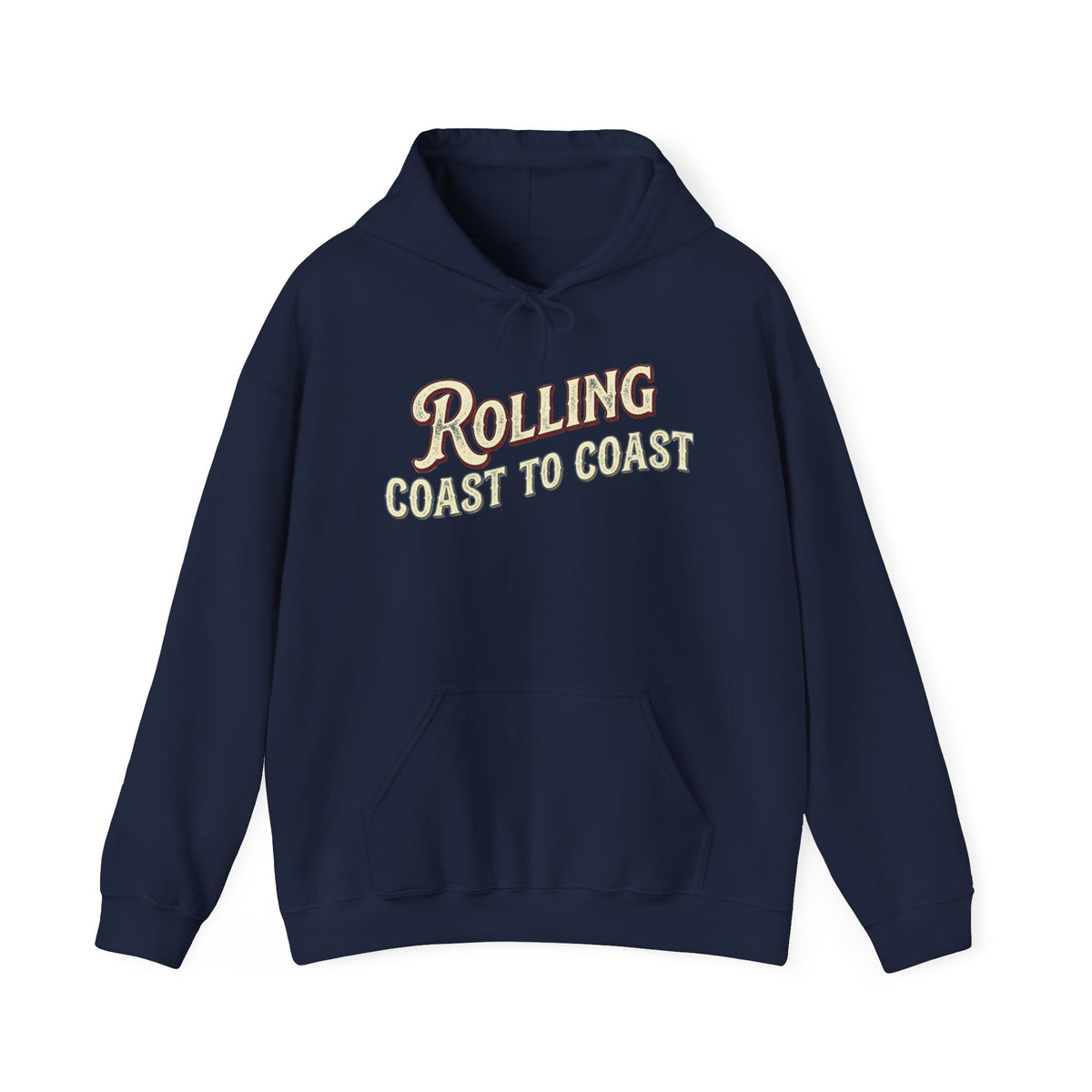 Navy hoodie 'Rolling Coast to Coast' on a white background