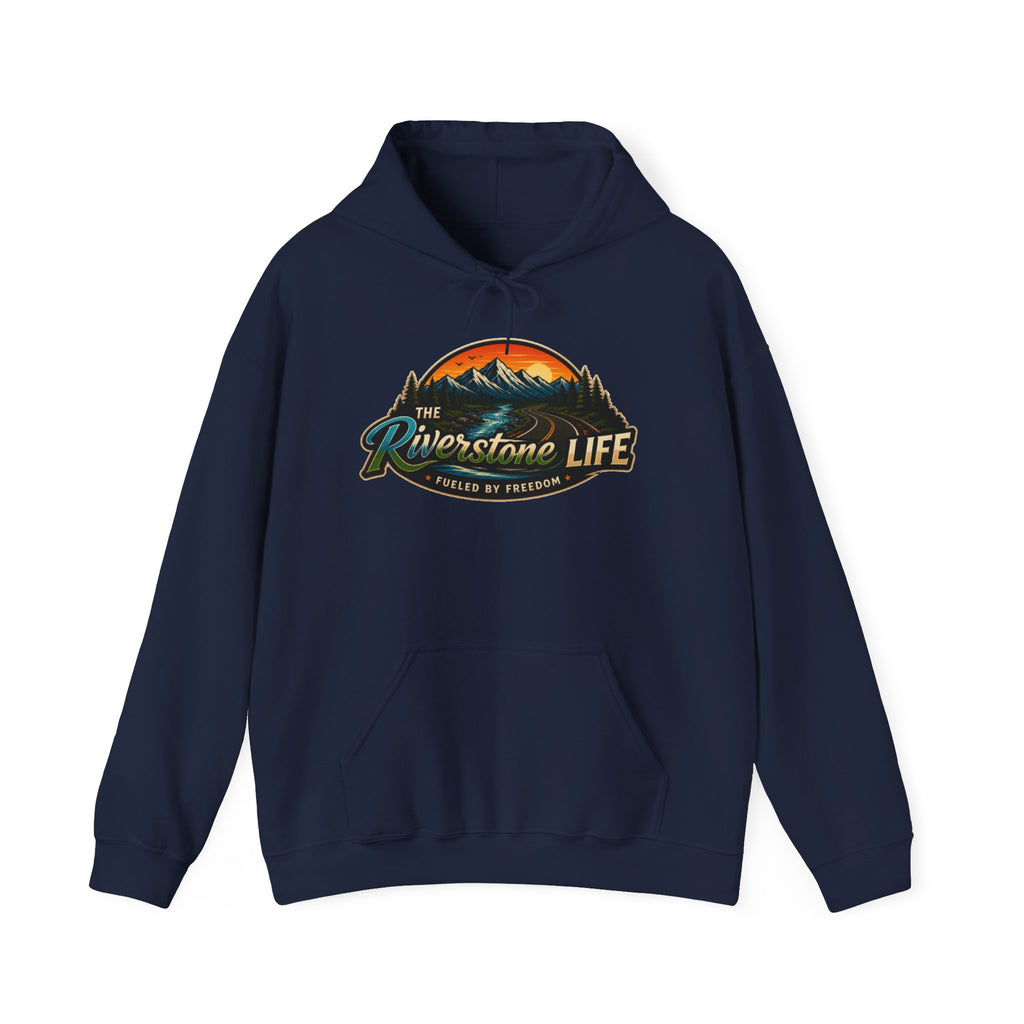 Navy hoodie with 'The Riverstone Life Fueled By Freedom' text on a white background