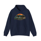 Navy hoodie with 'The Riverstone Life Fueled By Freedom' text on a white background