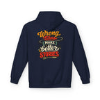 A navy blue hoodie shown from the back, featuring a colorful retro-style graphic with the text 'Wrong turns make better stories' in orange, yellow, red, and white lettering.