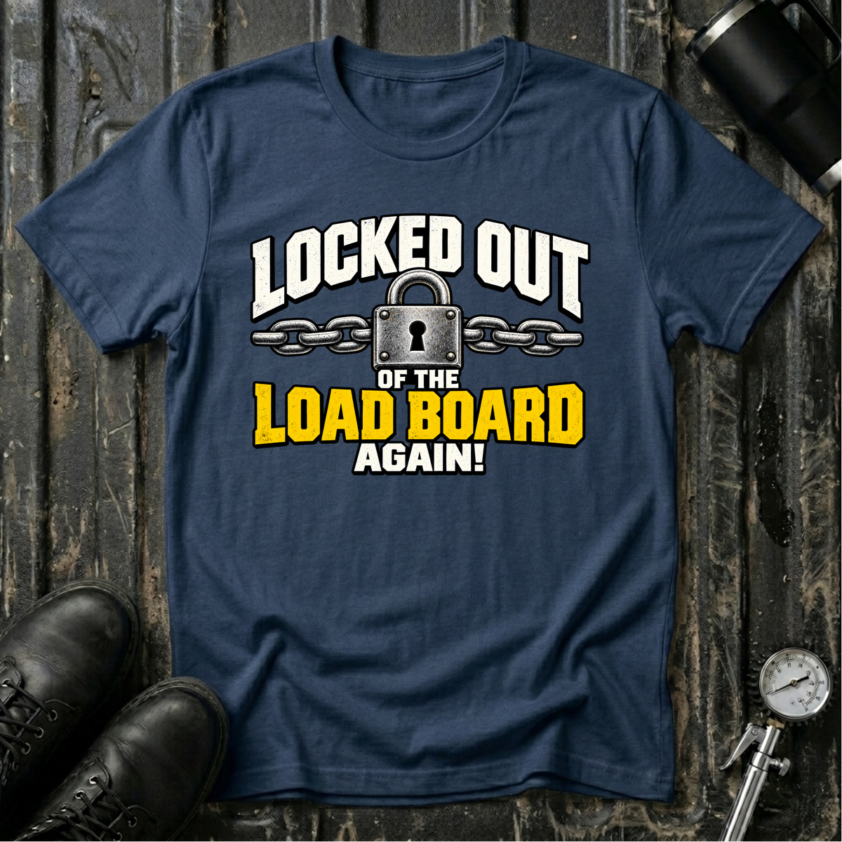 A navy blue graphic t-shirt laid flat on a dark wood background, styled with black leather boots, a black tumbler, and a pressure gauge. The shirt features a graphic print of a padlock and chains with the text 'LOCKED OUT OF THE LOAD BOARD AGAIN!' in white and yellow.