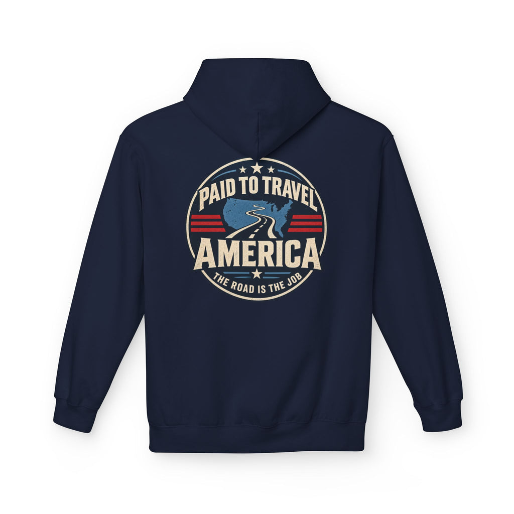 A navy blue pullover hoodie shown from the back, featuring a circular graphic print with the text 'PAID TO TRAVEL AMERICA' and 'THE ROAD IS THE JOB' in cream, red, and blue.