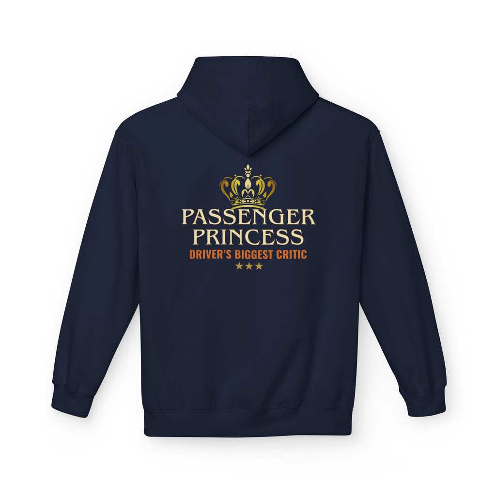 A navy blue pullover hoodie shown from the back, featuring a large graphic print with the text 'PASSENGER PRINCESS' and 'DRIVER'S BIGGEST CRITIC' in red, white, and metallic gray tones.