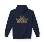A navy blue pullover hoodie shown from the back, featuring a large graphic print with the text 'PASSENGER PRINCESS' and 'DRIVER'S BIGGEST CRITIC' in red, white, and metallic gray tones.
