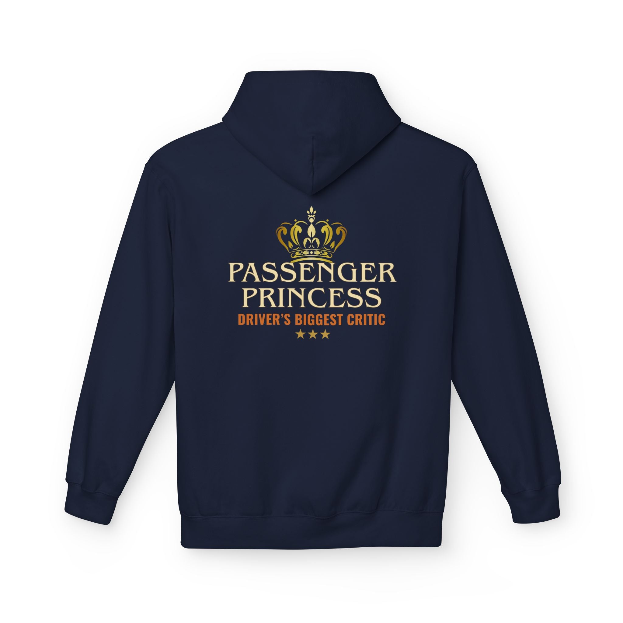 A navy blue pullover hoodie shown from the back, featuring a large graphic print with the text 'PASSENGER PRINCESS' and 'DRIVER'S BIGGEST CRITIC' in red, white, and metallic gray tones.