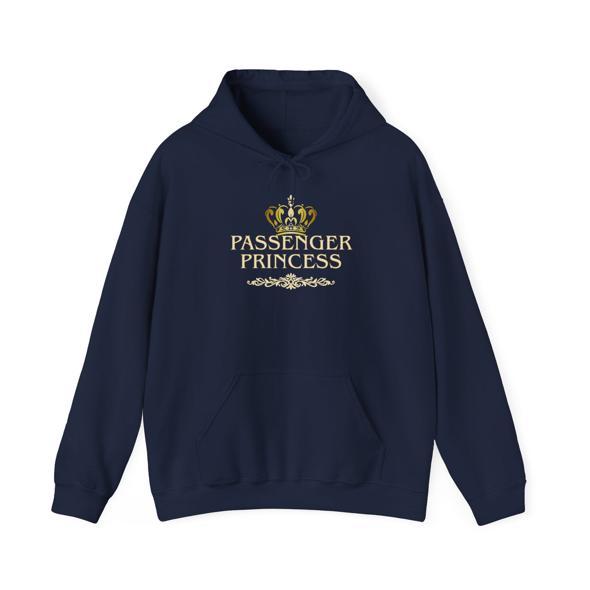 A navy hoodie 'Passenger Princess' with a crown vintage design on a white background