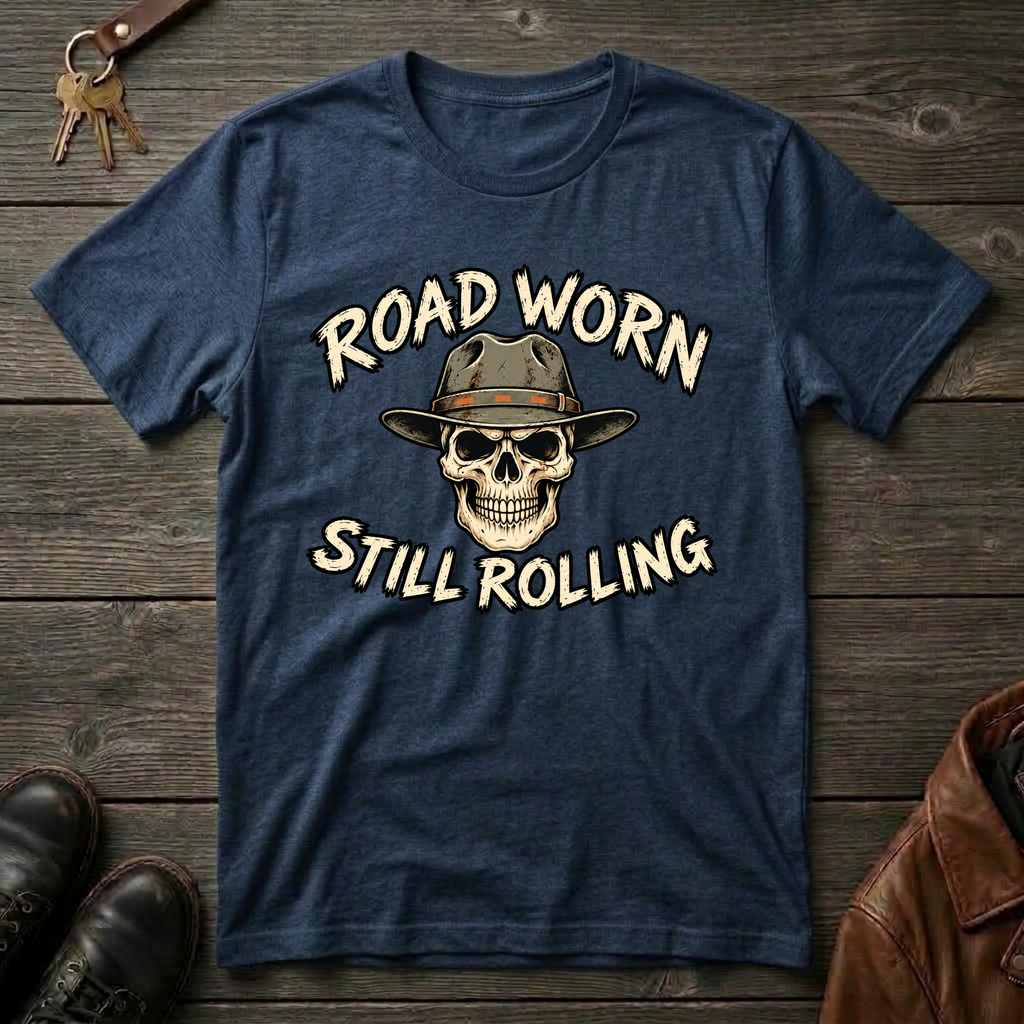 A navy blue graphic t-shirt laid flat on a rustic dark wood background, featuring a skull wearing a cowboy hat with the text 'ROAD WORN STILL ROLLING' in cream. Decorative props including keys, brown leather boots, and a brown leather jacket are partially visible around the shirt.