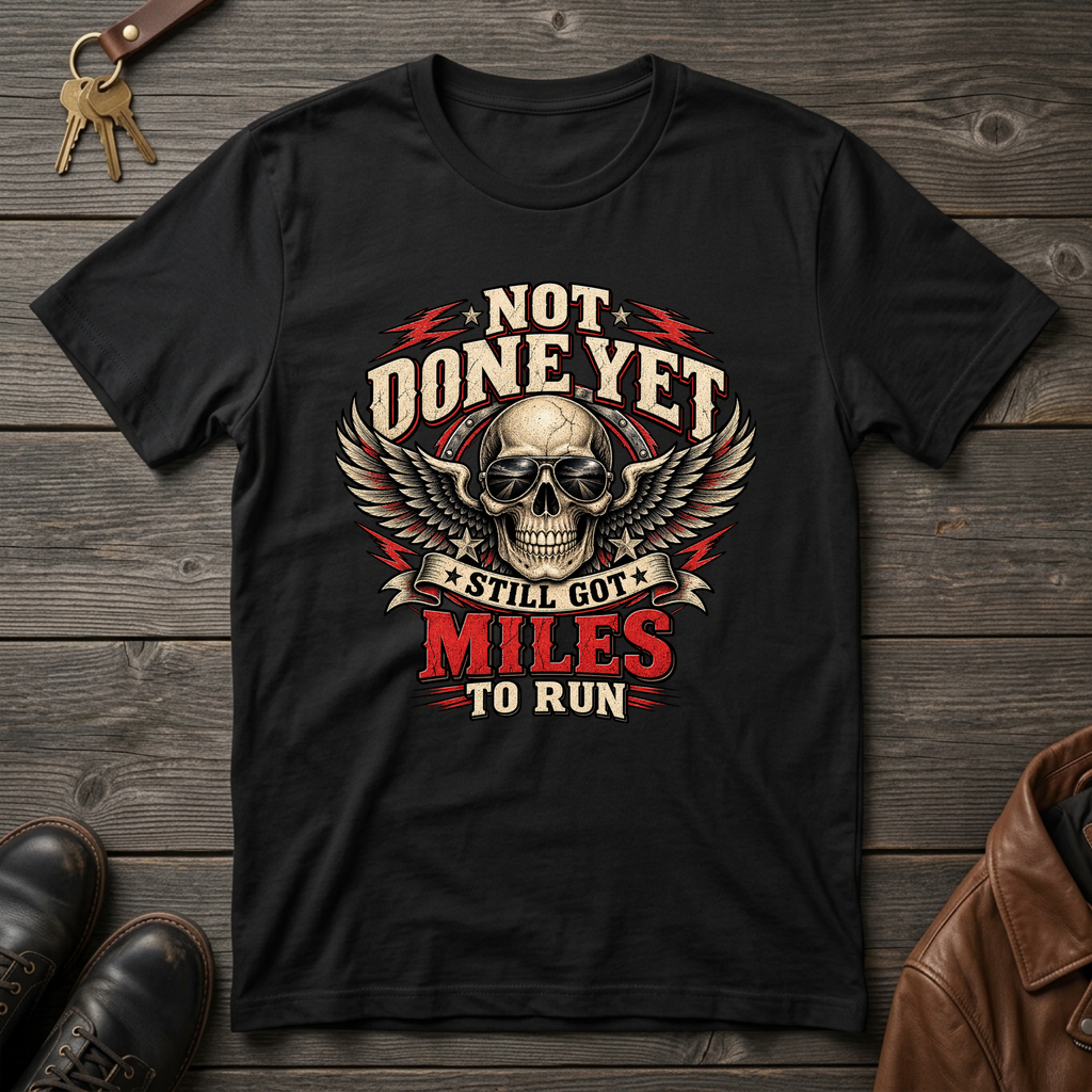 A black graphic t-shirt featuring a skull with wings and the text 'NOT DONE YET STILL GOT MILES TO RUN' in red, beige, and white, laid flat on a dark wood background with boots and a leather jacket as props.