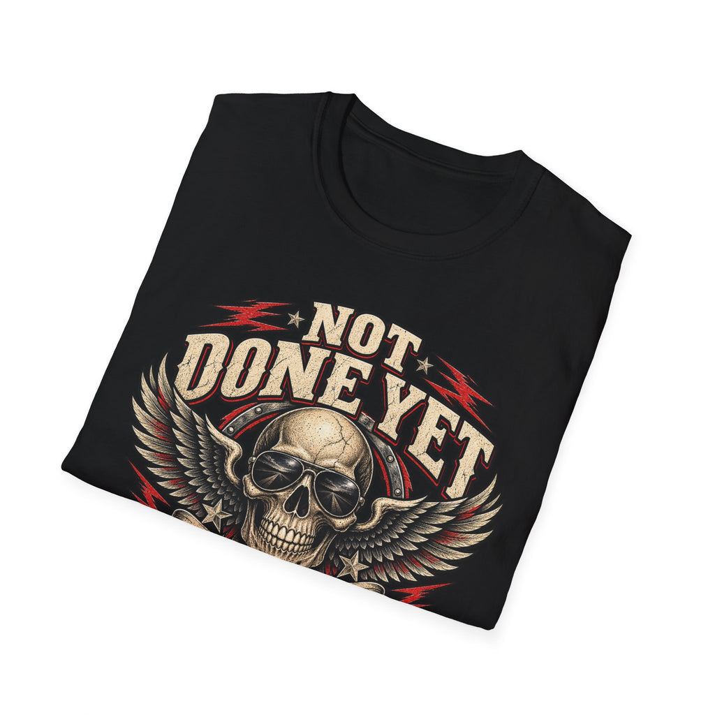 A black short-sleeve t-shirt with a graphic print of a winged skull and the text 'NOT DONE YET' STILL GOT MILES TO RUN in beige and red, shown on a plain white background.