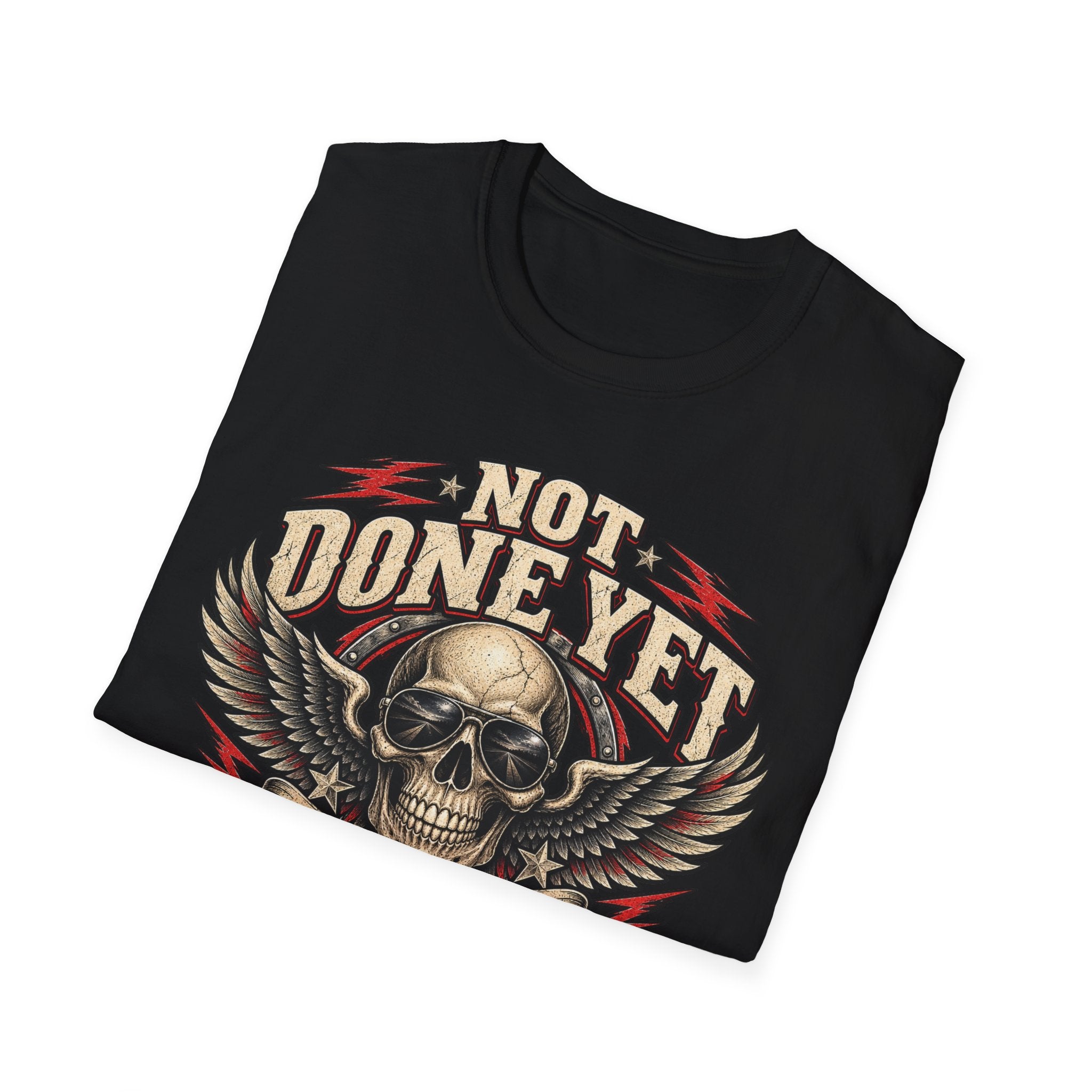 A black short-sleeve t-shirt with a graphic print of a winged skull and the text 'NOT DONE YET' STILL GOT MILES TO RUN in beige and red, shown on a plain white background.