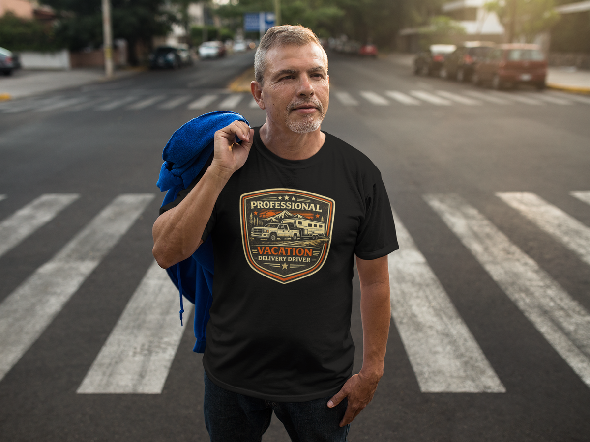 A man standing on a city crosswalk wearing a black graphic t-shirt with a 'Professional Vacation Delivery Driver' badge design. He is holding a blue jacket over his shoulder, with a blurred street background.