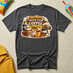 One More Truck Stop Coffee Won't Hurt T-shirt, dark heather Gildan Softstyle 64000 featuring a vintage coffee and donut design for truckers, RV Transport drivers, and coffee-loving road travelers.