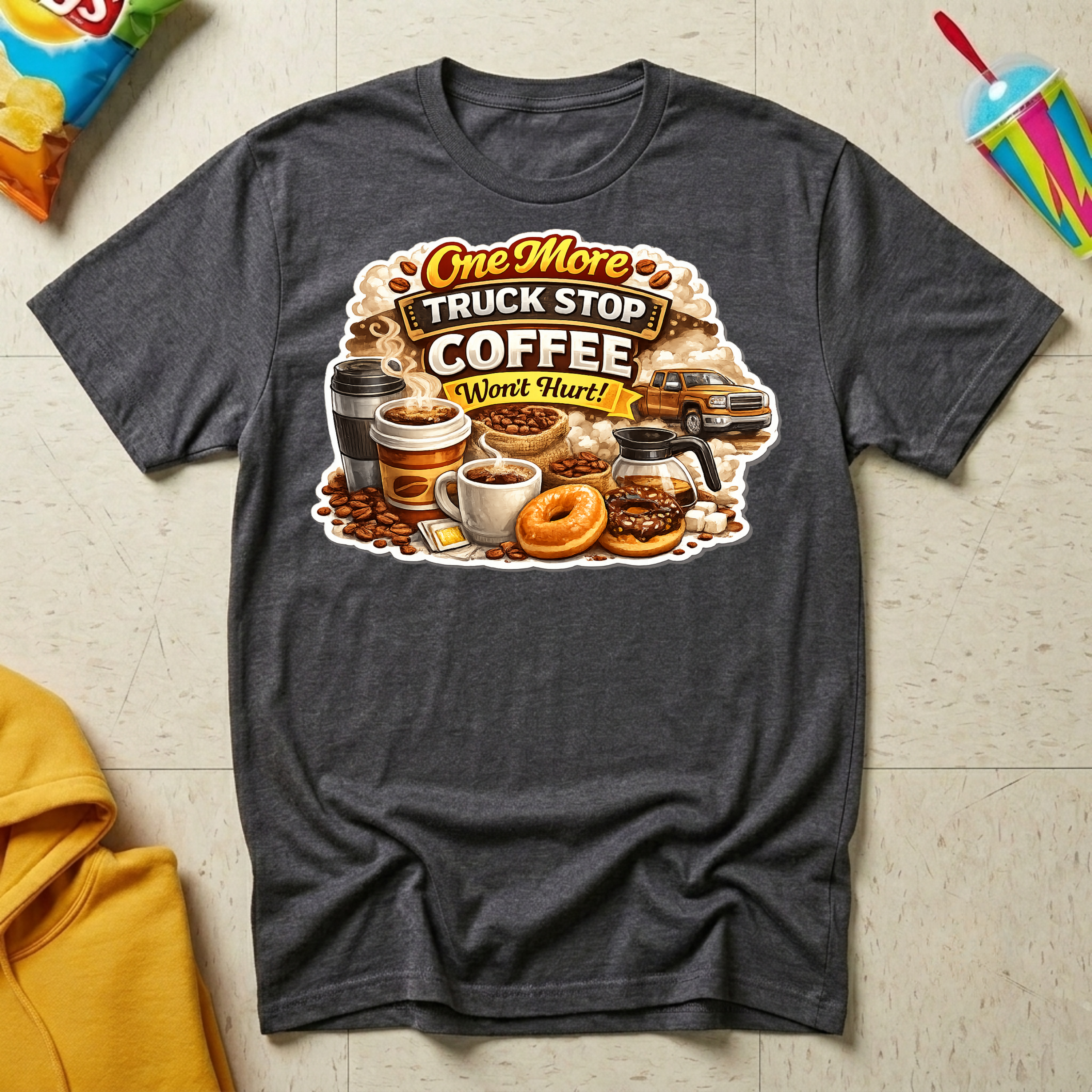 One More Truck Stop Coffee Won't Hurt T-shirt, dark heather Gildan Softstyle 64000 featuring a vintage coffee and donut design for truckers, RV Transport drivers, and coffee-loving road travelers.