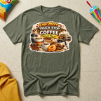One More Truck Stop Coffee Won't Hurt T-shirt, military green Gildan Softstyle 64000 featuring a vintage coffee and donut design for truckers, RV Transport drivers, and coffee-loving road travelers.