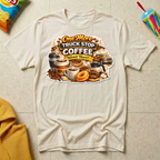 One More Truck Stop Coffee Won't Hurt T-shirt, natural Gildan Softstyle 64000 featuring a vintage coffee and donut design for truckers, RV Transport drivers, and coffee-loving road travelers.