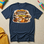One More Truck Stop Coffee Won't Hurt T-shirt, navy Gildan Softstyle 64000 featuring a vintage coffee and donut design for truckers, RV Transport drivers, and coffee-loving road travelers.