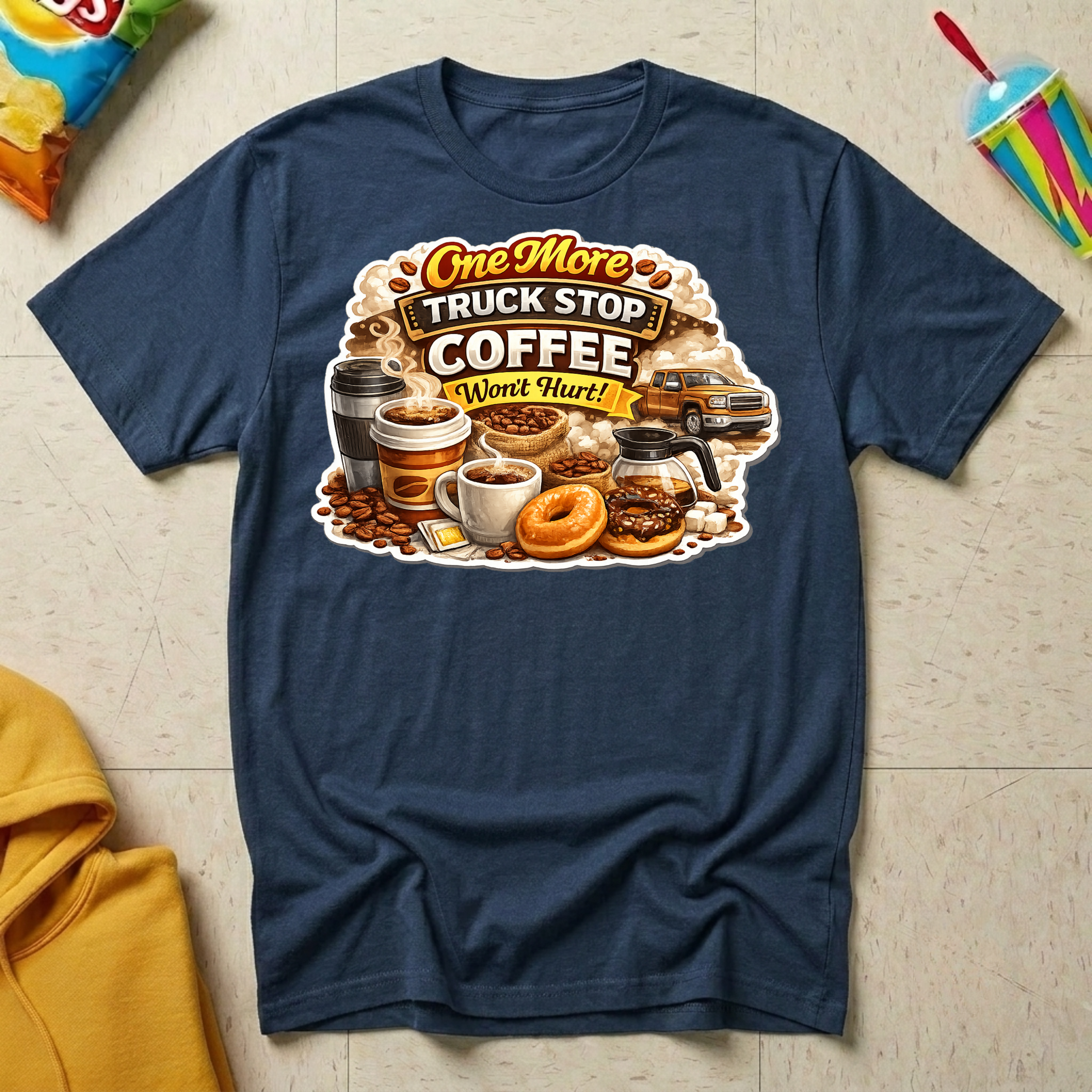 One More Truck Stop Coffee Won't Hurt T-shirt, navy Gildan Softstyle 64000 featuring a vintage coffee and donut design for truckers, RV Transport drivers, and coffee-loving road travelers.