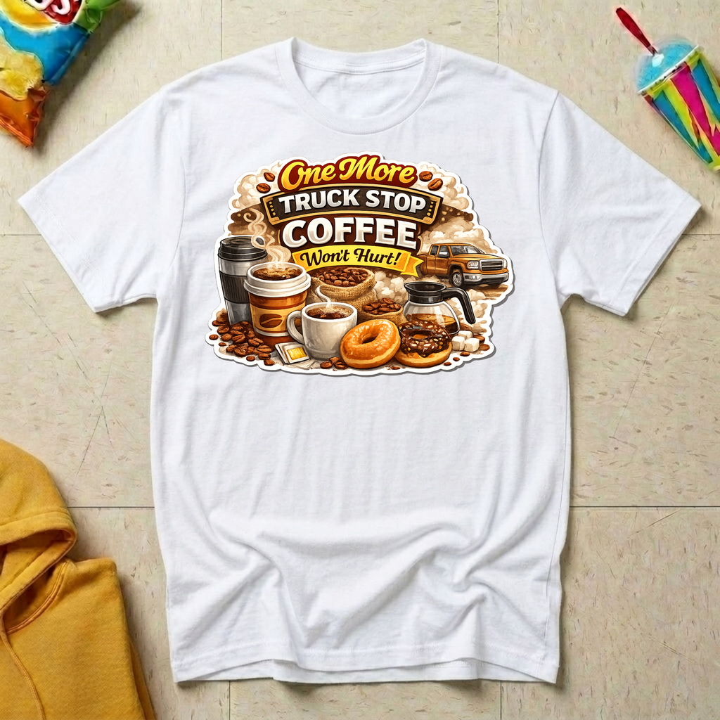 One More Truck Stop Coffee Won't Hurt T-shirt, white Gildan Softstyle 64000 featuring a vintage coffee and donut design for truckers, RV Transport drivers, and coffee-loving road travelers.