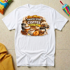 One More Truck Stop Coffee Won't Hurt T-shirt, white Gildan Softstyle 64000 featuring a vintage coffee and donut design for truckers, RV Transport drivers, and coffee-loving road travelers.