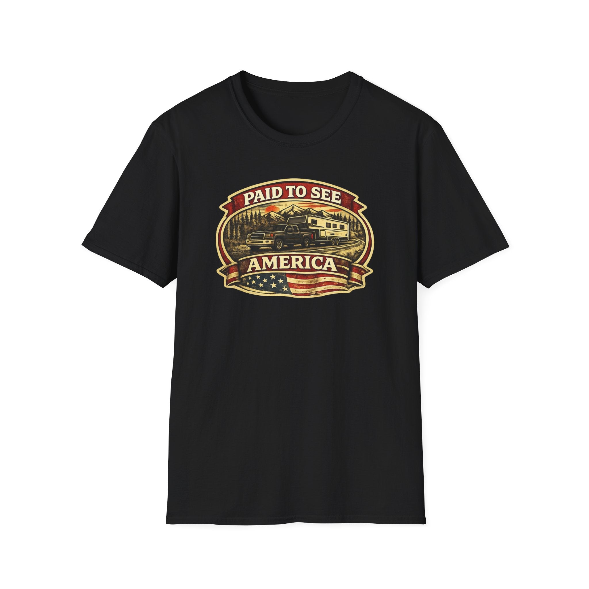 Black RV Transport T-shirt featuring a dark pickup truck towing a camper, an American flag, and the phrase "Paid to See America" with a white background