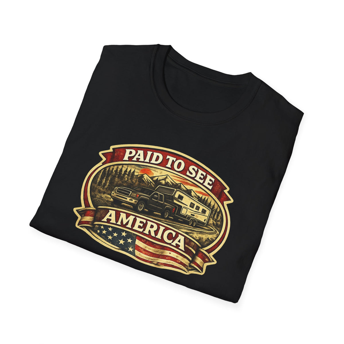 Black folded RV Transport T-shirt featuring a dark pickup truck towing a camper, an American flag, and the phrase "Paid to See America"