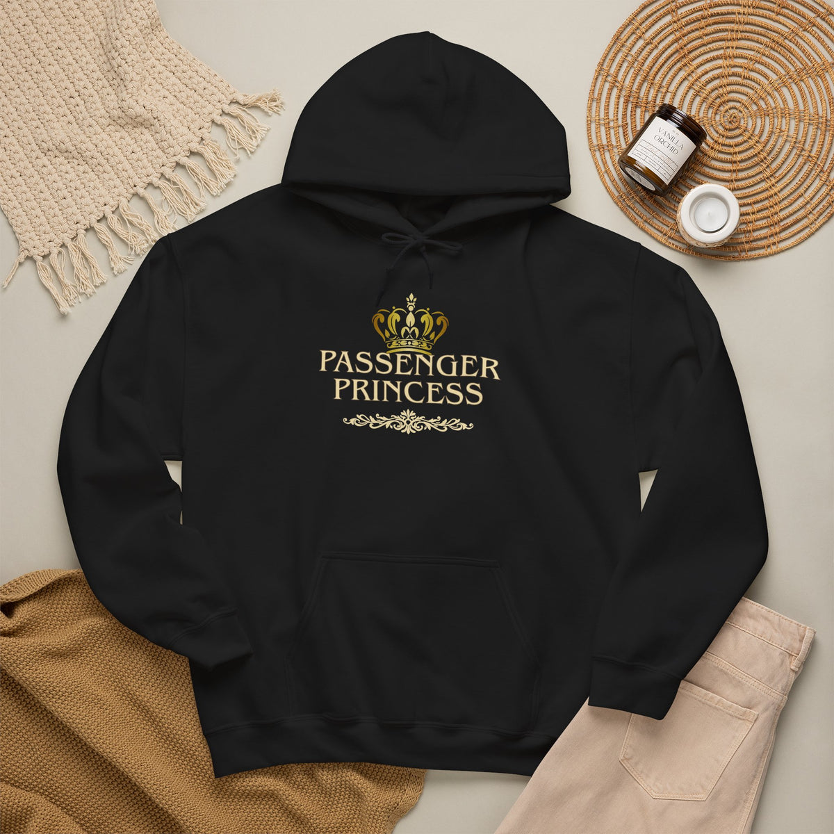 'Passenger Princess' black hoodie on a flat mockup