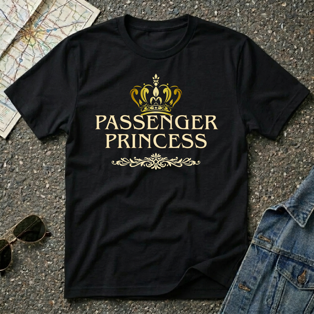 Passenger Princess T-shirt featuring a gold crown and elegant vintage inspired typography for road trip lovers and travel enthusiasts.