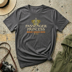 Dark heather 'Passenger Princess Driver's Biggest Critic' t-shirt featuring a gold crown and vintage inspired typography with three gold stars