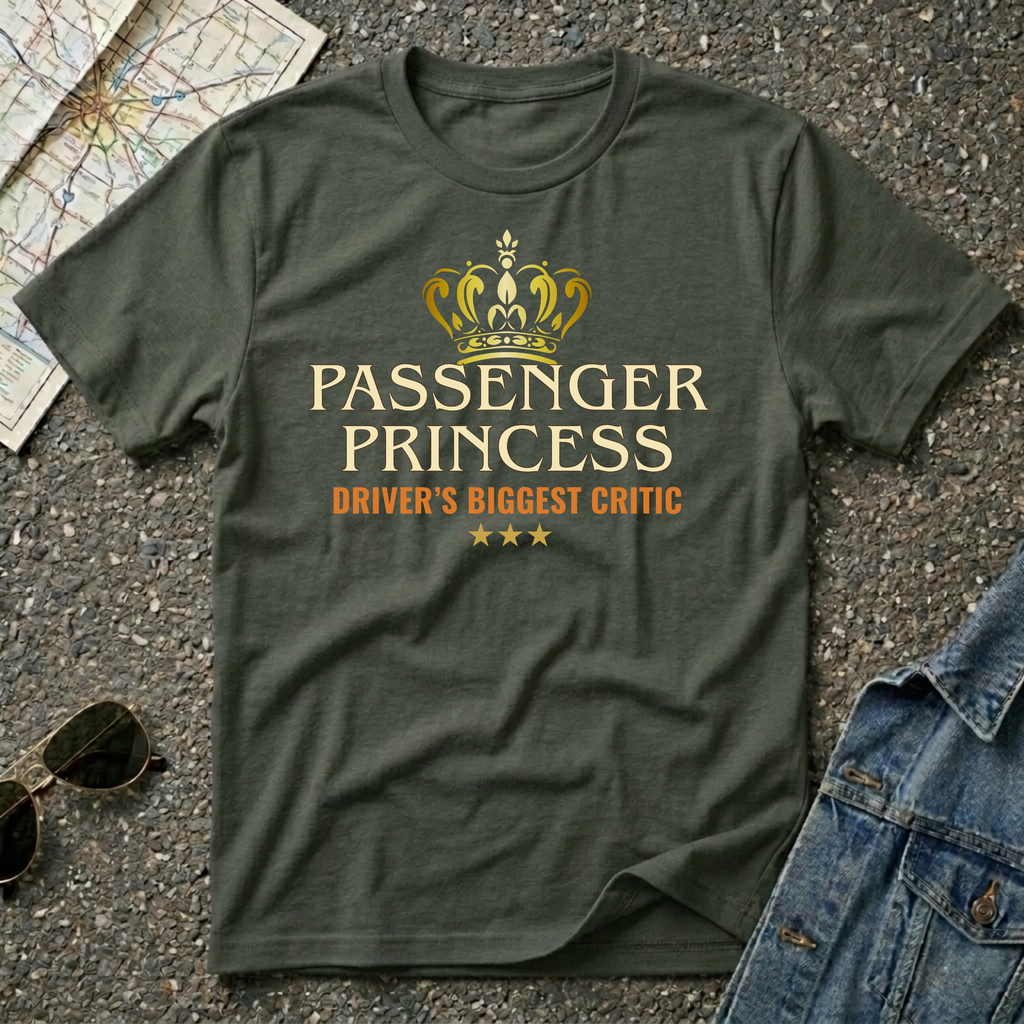 Passenger Princess – Driver's Biggest Critic T-shirt featuring a gold crown and vintage typography for funny road trip adventures.