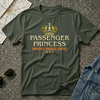 Passenger Princess – Driver's Biggest Critic T-shirt featuring a gold crown and vintage typography for funny road trip adventures.