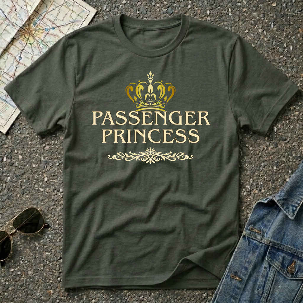 Passenger Princess T-shirt featuring a gold crown and elegant vintage inspired typography for road trip lovers and travel enthusiasts.