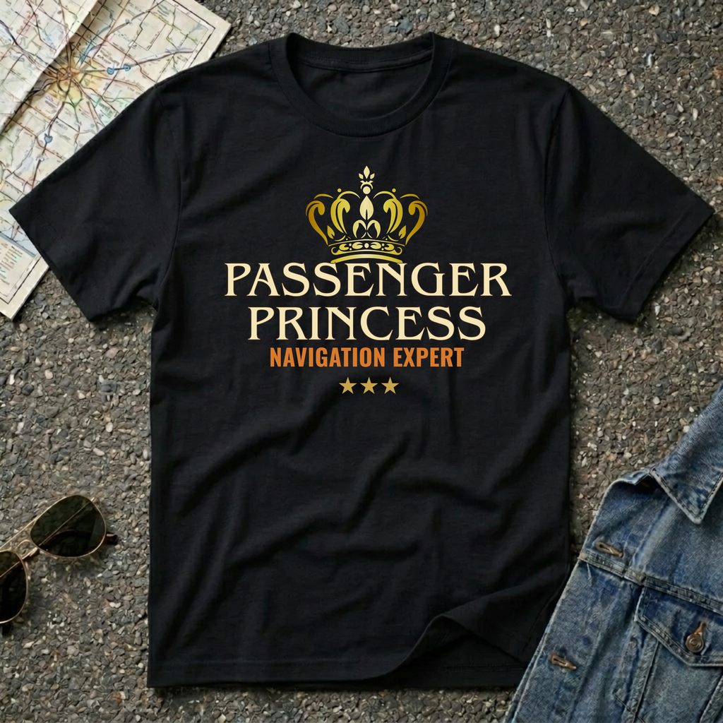 Passenger Princess – Navigation Expert T-shirt featuring a gold crown and vintage typography for road trip co-pilots and travel enthusiasts.