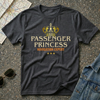 Passenger Princess – Navigation Expert T-shirt featuring a gold crown and vintage typography for road trip co-pilots and travel enthusiasts.
