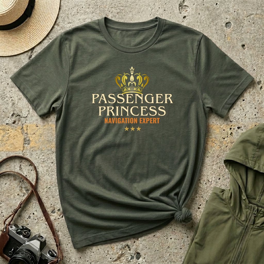 Military green 'Passenger princess Navigation Expert' vintage inspired t-shirt with gold crown and three stars